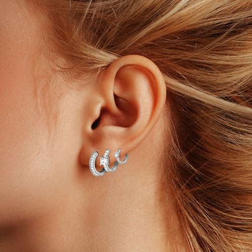 Wgoud Small Gold Hoop Earrings Set for Women, 6 Pairs 14K Gold Plated Hypoallergenic Lightweight Huggie Hoops Earrings, Trendy Cartilage Cubic Zirconia Earrings for Women Gifts. - color: C-Silver hoops