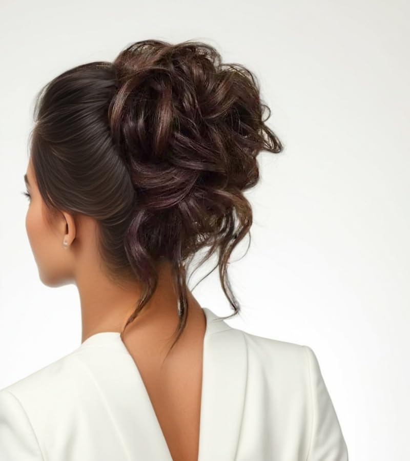 Curly Wavy Messy Bun Hair piece Easy Updo Extensions Claw Clips for Women Girls Dark Brown, Natural Fake Wig Tie Headpiece Chestnut Chocolate - color: Dark Brown