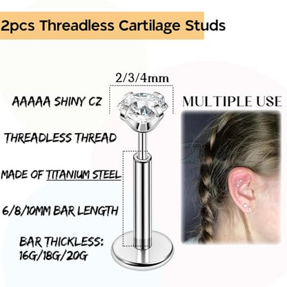 PunkTracker 16g/18g/20g Titanium Steel Threadless Flat Back Cartilage Earrings for Helix/Tragus/Conch/Daith/Earlobe - Nose Studs Lip Rings Labret Monroe Piercing Jewelry for Women Men 2PCS - style: 16g,silver,6mm bar,2mm gem