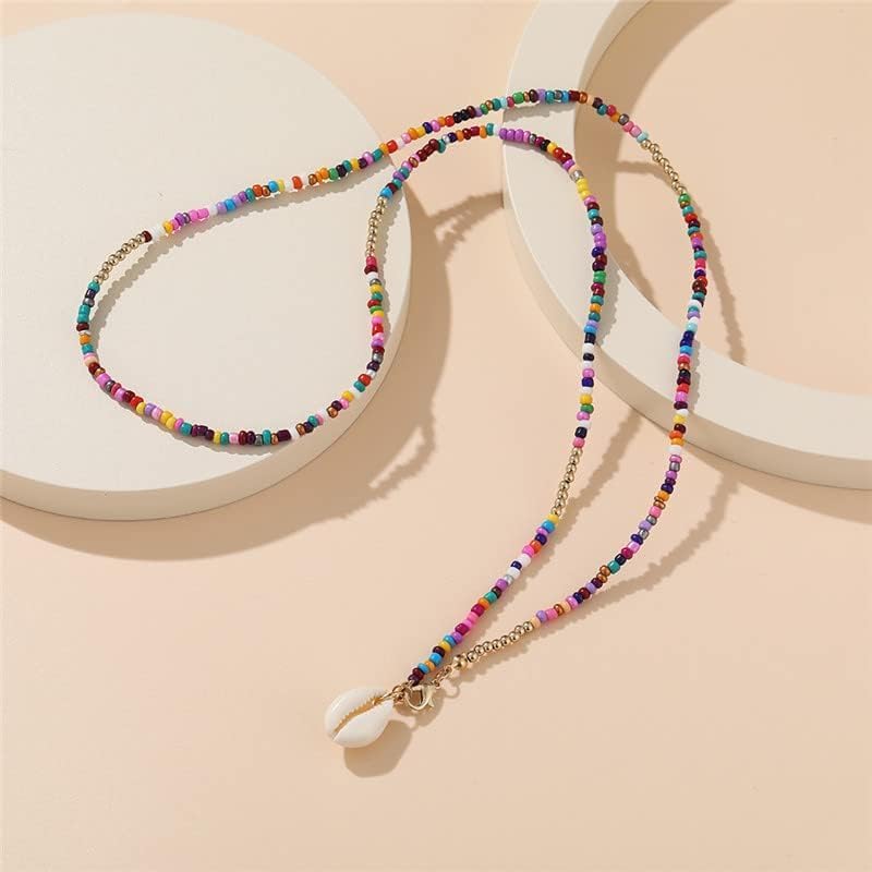 Boho Beaded Choker Necklace with Cowrie Shell Pendant – Colorful Seed Bead Layered Beach Necklace for Women, Buckle