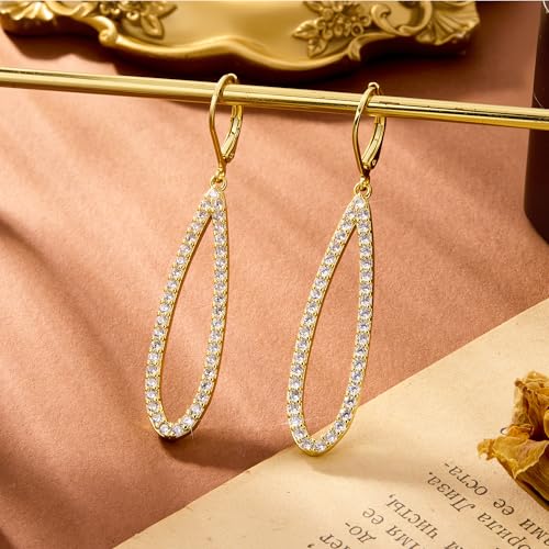 Teardrop Dangle Earrings for Women Cubic Zirconia Drop Leverback Earrings | Hypoallergenic Simulated Sparkly Teardrop Diamond Earrings Prom/Wedding/Evening Earring for Women Elegant Jewelry Gift - color: 14K Gold