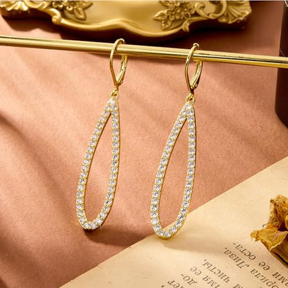 Teardrop Dangle Earrings for Women Cubic Zirconia Drop Leverback Earrings | Hypoallergenic Simulated Sparkly Teardrop Diamond Earrings Prom/Wedding/Evening Earring for Women Elegant Jewelry Gift - color: 14K Gold