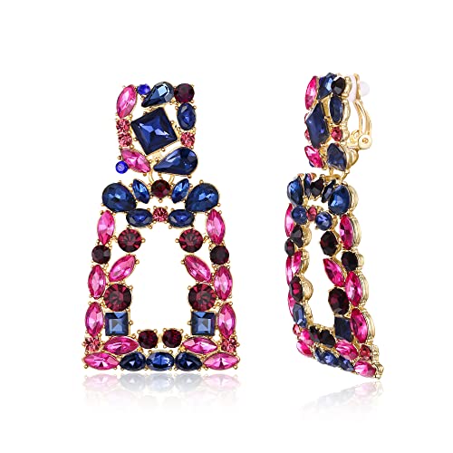 Flyonce Rectangle Clip-on Drop Earrings for Women, Sparkly Rhinestone Crystal Geometric Statement Non Pierced Earring Wedding Prom Party Jewelry for Brides Bridesmaid - color: Blue w/ Fuchsia