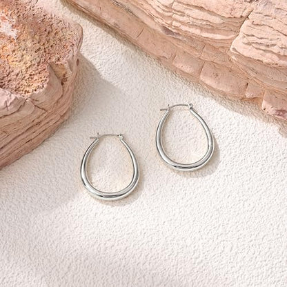 Gacimy Chunky Hoop Earrings for Women, 14K Gold Plated Oval Hoop Earrings with 925 Sterling Silver Post - color: Silver, size: 30mm