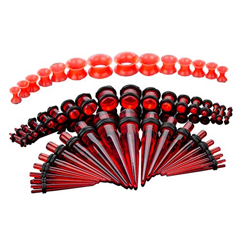 50-Piece Ear Gauges Stretching Kit, 14G-00G | Acrylic tapers and plugs with soft silicone tunnels, body piercing jewelry for women and men - color: Red