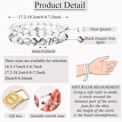 Bivei Natural Crystals Gemstone Healing Stretchy Round Beaded Bracelet | 8MM Semi Precious Beads Bracelet, Handmade Spiritual Jewelry Gift for Women Men,Enhance Positive Energy - color: 8mm Clear Quartz & Dragon Vein Agate (Master Healer), size: Medium: 6