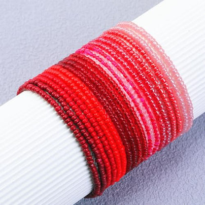 16-30Pcs Handmade Bohemian Colorful Crystal Seed Beads Stackable Adjustable Elastic Stretch Multilayerd Bracelets for Women Summer Vacation Beach Boho Bangle Jewelry - color: red