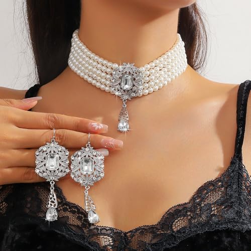 Missgrace Women Silver Black Green Red Rhinestone Crystal Tassels Bridal Necklace Earrings Sets Teardrop Necklace Dangle Earrings Set for Wedding Brides Bridesmaid - color: Silver