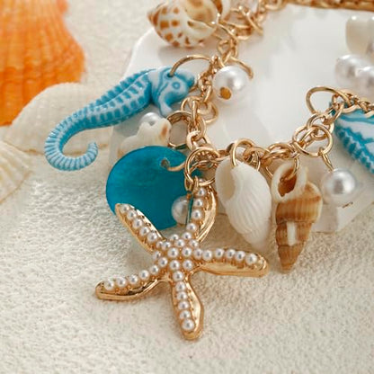 RUOFFETA Shell Starfish Necklace Bracelet Conch Statement Chunky Necklace Mermaid Costume Jewelry Beach Jewelry for Women - style: Anklet Blue