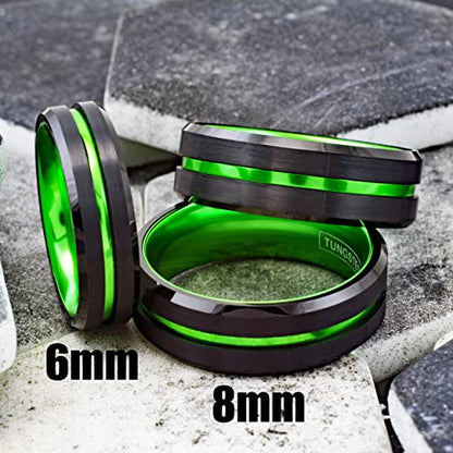 Personalized Engraved 6mm/8mm Black Tungsten Carbide Band Ring w/Bright Lime Green Stripe & Matching Lime Green Anodized Aluminum Inner Band feat. Comfort Fit.