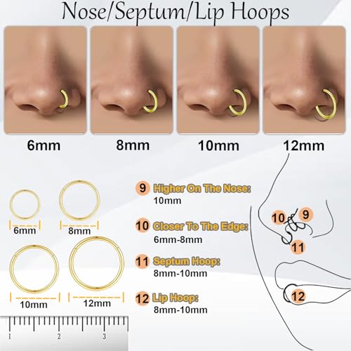 Nose Rings 20G 18G 16G 316L Surgical Steel Hinged Clicker Segment Nose Hoop Helix Cartilage Daith Tragus Sleeper Earrings Body Lip Piercing Jewelry for Women Men 6mm 7mm 8mm 10mm 12mm - style: 02:Gold-18G*6/8/10/12mm(8pcs)