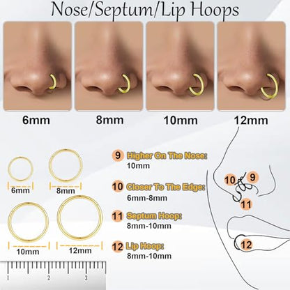 Nose Rings 20G 18G 16G 316L Surgical Steel Hinged Clicker Segment Nose Hoop Helix Cartilage Daith Tragus Sleeper Earrings Body Lip Piercing Jewelry for Women Men 6mm 7mm 8mm 10mm 12mm - style: 17:Silver+Gold+Black-20G*8mm(6pcs)