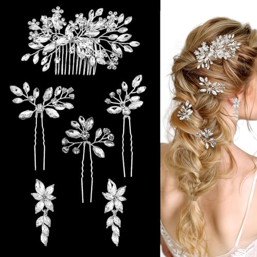 6 Pieces Crystal Bride Hair Accessories and Earrings.Sliver Wedding Hair Pins with Rhinestones for Bride Bridesmaids Women Girls. - color: Style2
