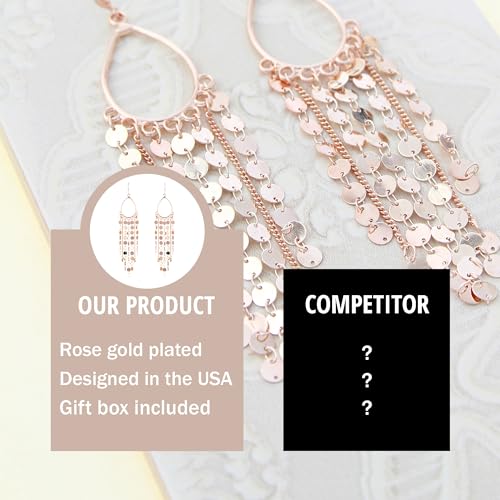Bohemian Boho Tassel Dangle Drop Earrings for Women – Lightweight Filigree Gypsy Coin Chandelier Disc Charm Hoops – included Gift Box - style: Teardrop - Rose Gold