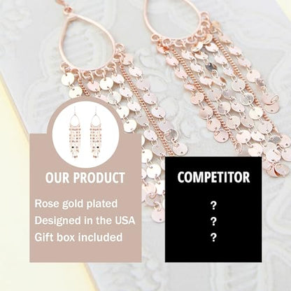 Bohemian Boho Tassel Dangle Drop Earrings for Women – Lightweight Filigree Gypsy Coin Chandelier Disc Charm Hoops – included Gift Box - style: Teardrop - Rose Gold