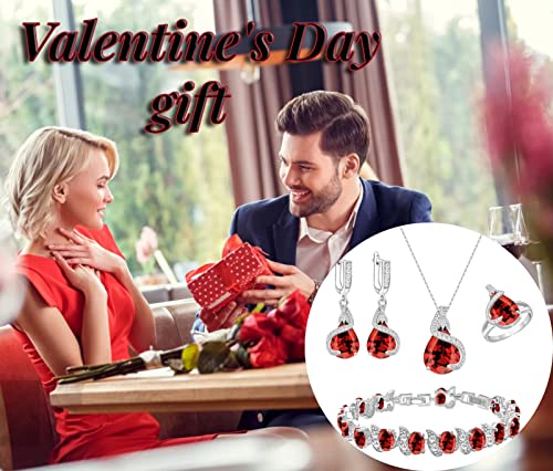 GZWHD Jewelry Set for Women Water Drop Cubic Zirconia Artificial Crystal Earrings Pendant Necklace Open Ring Tennis Bracelet Wedding Anniversary Birthday Engagement Gift for Bridesmaid Wife Girlfriend Friend - color: Garnet