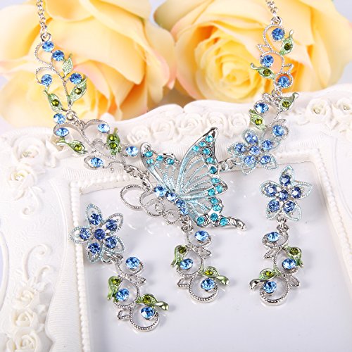 EleQueen Women's Crystal Butterfly Flower Leaf Necklace Earrings Set | Crystal Jewelry Set for Brides Bridesmaids, Necklace Set for Party - color: Sapphire