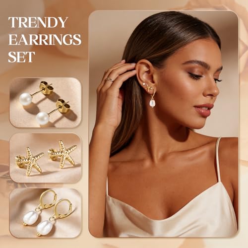 14K Gold Hoop Dangle Stud Earrings Surgical Steel Helix Piercing | Hypoallergenic,Cubic Zirconia,3 Pairs Huggie Hoop Set for Women,Dangle Stud,Cartilage Tragus Conch Earring,Jewelry Gift - color: B2-Gold Pearl Earrings