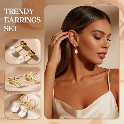 14K Gold Hoop Dangle Stud Earrings Surgical Steel Helix Piercing | Hypoallergenic,Cubic Zirconia,3 Pairs Huggie Hoop Set for Women,Dangle Stud,Cartilage Tragus Conch Earring,Jewelry Gift - color: B2-Gold Pearl Earrings