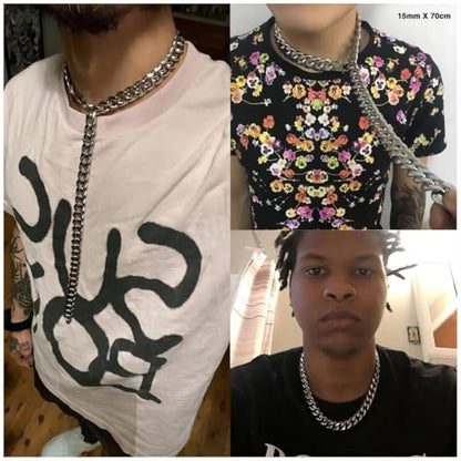 Hip Hop Mens Choker Stainless Steel Miami Chain Curb Cuban Link Rapper Necklace Jewelry with Tail - style: 17mm width