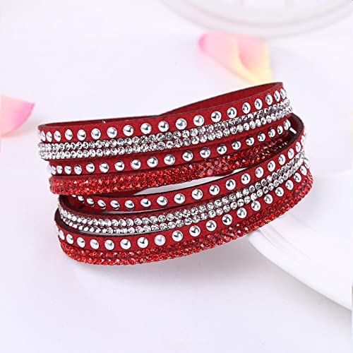 Long tiantian Leather Wrap Bracelets for Women Boho Multi Layered Bracelets Western Jewelry Hot Pink Accessories Birthday Gifts - color: red