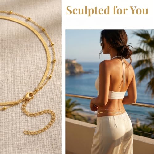 Gold Waist Chain for Women, Layered Adjustable Belly Chain, Snake Body Chain & Beaded Waist Beads, Dainty Bikini Summer Beach Trendy Body Jewelry Accessories