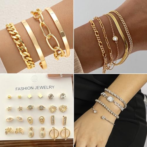 73 Pcs Gold Jewelry Set with 6Pcs Layered Necklace, 11 Pcs anklet and 7Pcs Earring Ear Cuff,12Hoop Earrings ,15pcs Rings,21pcs stud earrings Jewerly set for Women Pack for Friendship Party Gift - style: AAA-GD+SL