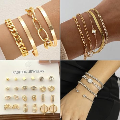 73 Pcs Gold Jewelry Set with 6Pcs Layered Necklace, 11 Pcs anklet and 7Pcs Earring Ear Cuff,12Hoop Earrings ,15pcs Rings,21pcs stud earrings Jewerly set for Women Pack for Friendship Party Gift - style: AAA-GD+SL