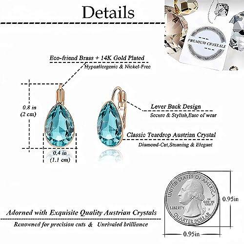 Austrian Crystal Teardrop Leverback Drop Earrings for Women | 14K Gold-Plated Finish, Sparkling Pear Stone, Smooth Bezel Frame, Secure Leverback Closure, Dainty Day-To-Evening Style - color: Aquamarine