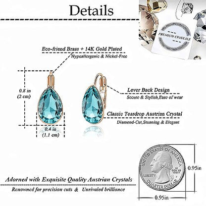 Austrian Crystal Teardrop Leverback Drop Earrings for Women | 14K Gold-Plated Finish, Sparkling Pear Stone, Smooth Bezel Frame, Secure Leverback Closure, Dainty Day-To-Evening Style - color: Aquamarine
