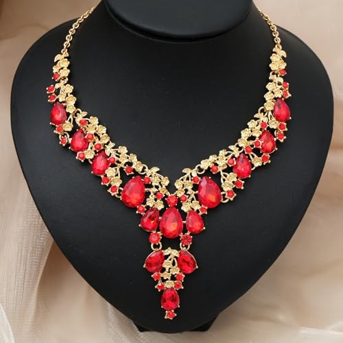 CSY Elegant Crystal Costume Jewelry Sets Flower Bridal Necklace Earrings Stretch Bangle Set for Bride Bridesmaid Wedding Dress Accessories - color: Red crystal-gold tone