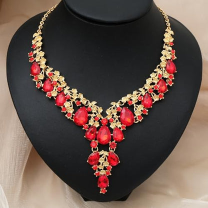 CSY Elegant Crystal Costume Jewelry Sets Flower Bridal Necklace Earrings Stretch Bangle Set for Bride Bridesmaid Wedding Dress Accessories - color: Red crystal-gold tone