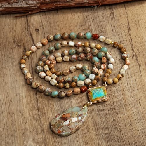 Yomisa Long Necklaces for Women Trendy, 33/34/35 inch | Boho Beaded Necklaces for Women, Natural Stone Pendant, Handmade Knotted Bead, Bohemian Holiday Summer Western Charm Jewelry - color: 35inch-Agalmatolite