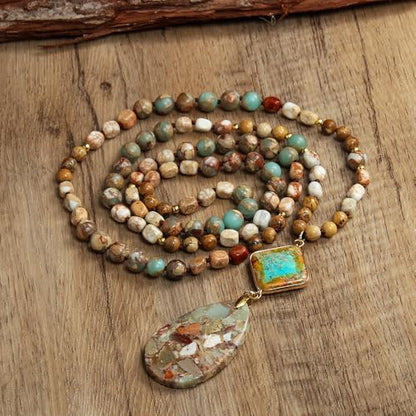 Yomisa Long Necklaces for Women Trendy, 33/34/35 inch | Boho Beaded Necklaces for Women, Natural Stone Pendant, Handmade Knotted Bead, Bohemian Holiday Summer Western Charm Jewelry - color: 35inch-Agalmatolite