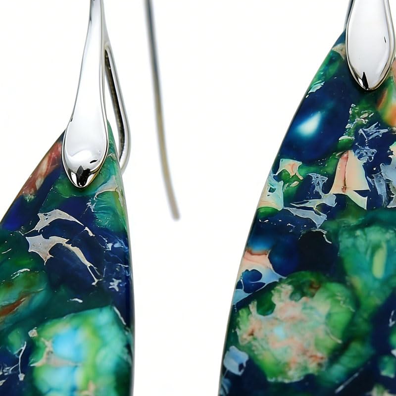 Boho Natural Imperial Jasper Teardrop Dangle Earrings for Women – Hypoallergenic French Hook Stone Drop Earrings Jewelry - color: Green Silvery Hook 2#