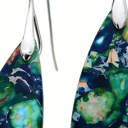 Boho Natural Imperial Jasper Teardrop Dangle Earrings for Women – Hypoallergenic French Hook Stone Drop Earrings Jewelry - color: Green Silvery Hook 2#