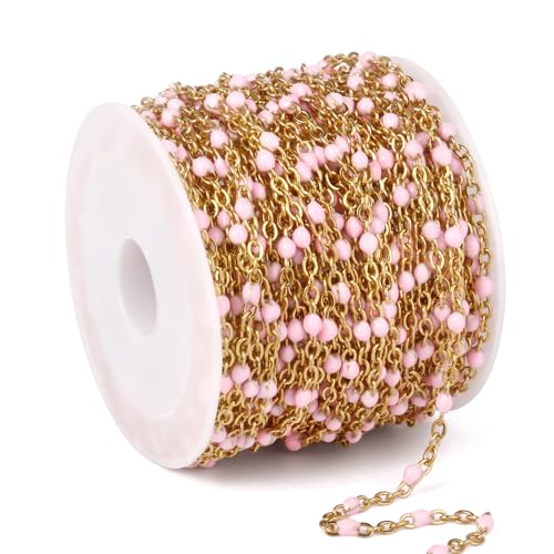 33FT 2mm Gold Cable Chains Pink Enamel Chains Bulk Roll for Jewelry Making | 18K Gold PVD Plated Stainless Steel Enamel Beaded Chains Roll for Necklace Bracelet - color: Gold Pink Beads