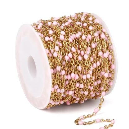 33FT 2mm Gold Cable Chains Pink Enamel Chains Bulk Roll for Jewelry Making | 18K Gold PVD Plated Stainless Steel Enamel Beaded Chains Roll for Necklace Bracelet - color: Gold Pink Beads