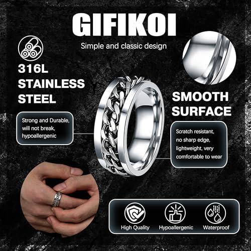 GIFIKOI 30Pcs Jewelry Set for Men Stainless Steel Band Ring Cuban Link Chain Necklace and Bracelet Cross Dog Tag Pendant Necklace Hoop Stud Black Earrings Mens Fashion Jewelry Set