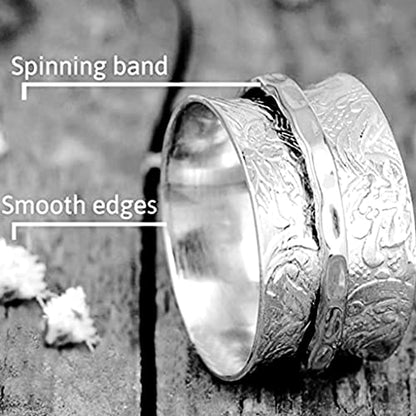 JUDE Stainless Steel Floral Pattern Chunky Size Rotating Spinner Band Ring - color: Silver