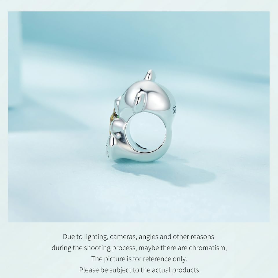 BISAER 925 Sterling Silver Charms for Bracelets Cat Dog Sloth Animal Beads Butterfly Fairy Heart Dangle Pendant Charms - color: Bear Flower