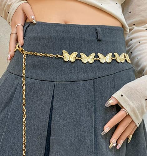 QWALIT Silver Gold Chain Belt for Women Fashion Waist Chain Belt Star Butterfly Metal Belt Music Festival Y2K Accessories - style: C1- Butterfly- gold