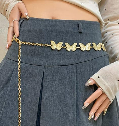 QWALIT Silver Gold Chain Belt for Women Fashion Waist Chain Belt Star Butterfly Metal Belt Music Festival Y2K Accessories - style: C1- Butterfly- gold