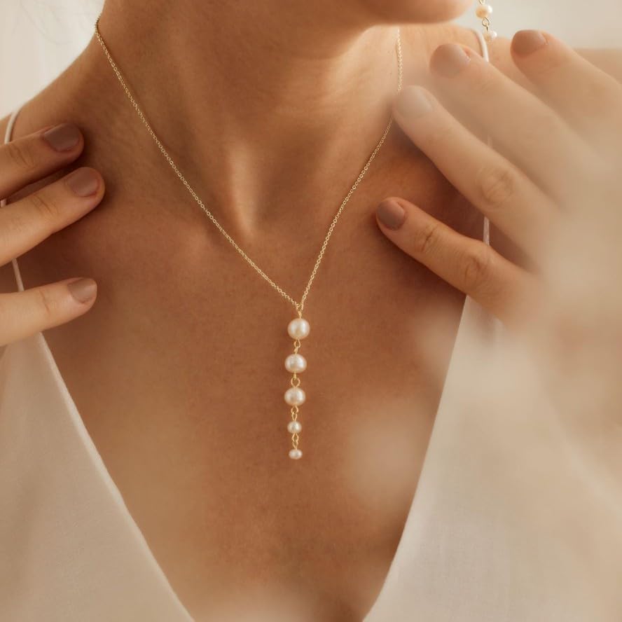 Pearl Necklace for Women, Dainty Pearls Choker Necklace for Women 14K Gold Plated Layered Pendant Necklace Handmade Gold Chain Necklace Everyday Jewelry Gift - color: Y Five Pearls
