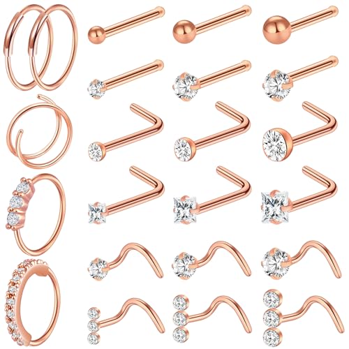 23-40 Pcs Gold Nose Rings & Studs - 18G & 20G Nose Piercing Jewelry - L Shape, Hoop & Screw Body Jewelry for Women & Men - color: RoseGold-F-18G