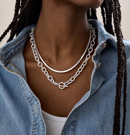 CHESKY 14K Gold Plated Chunky Necklace for Women, Trendy Toggle Clasp | Statement Pendant Necklace, Layered Paperclip Chain, Toggle Clasp Design, Thick Gold Chain, Non Tarnish Everyday Jewelry - color: silver, style: paperclip+herringbone