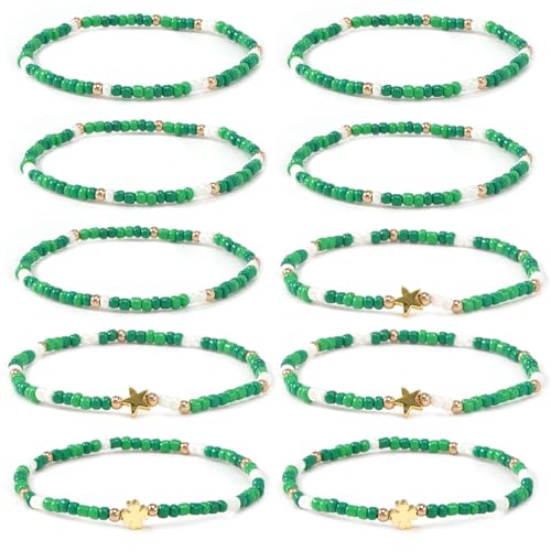 Gold Beaded Bracelets Stack for Women Stocking Stuffers 12PCS Boho Gold Plated Seed Beads Bracelet Stretch Star Stackable Accessories Jewelry Friendship Fall Christmas Gifts for Women - color: 10pcs- Green St.Patrick's Day Bracelet
