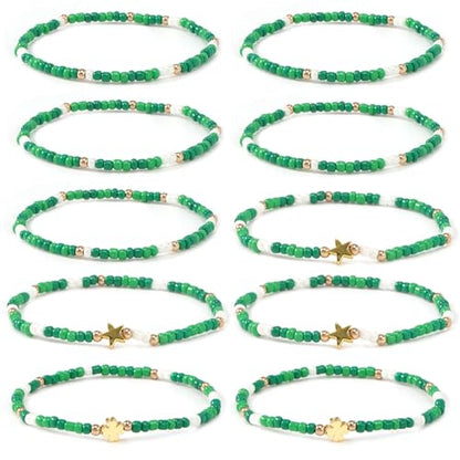 Gold Beaded Bracelets Stack for Women Stocking Stuffers 12PCS Boho Gold Plated Seed Beads Bracelet Stretch Star Stackable Accessories Jewelry Friendship Fall Christmas Gifts for Women - color: 10pcs- Green St.Patrick's Day Bracelet
