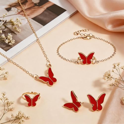 Butterfly Jewelry Set, Including Butterfly Necklace, Bracelet, Stud Earrings, and Adjustable Ring for Women - color: Red