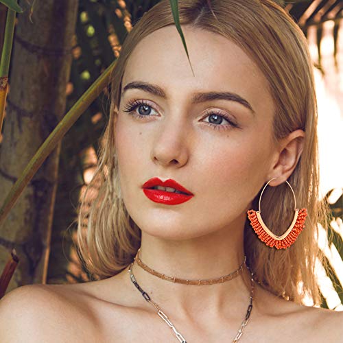 V-Shaped Beaded Dangle Earrings - Statement Drop Fringe Earrings, Boho Handmade Tassel Jewelry Gift for Women - color: Orange